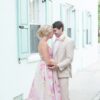 White wedding dress pink gown blonde bride