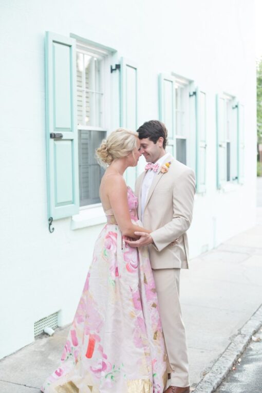 White wedding dress pink gown blonde bride