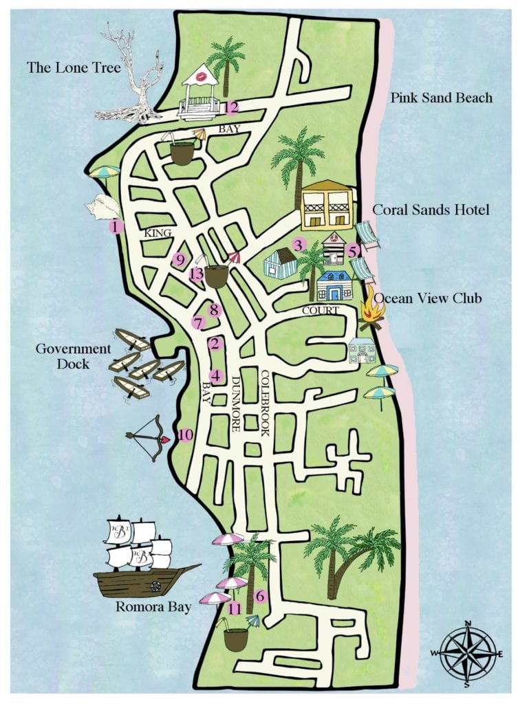 custom map, welcome book, wedding guests welcome gifts, framable wedding map, hand painted maps, The Bahamas, Harbour Island Map, Dunmore, Coral Sands Beach, Government Dock, Ocean View Club, The lone tree, Wedding Story Writer