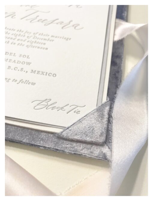 custom wedding invitation folio in silk velvet with ribbon