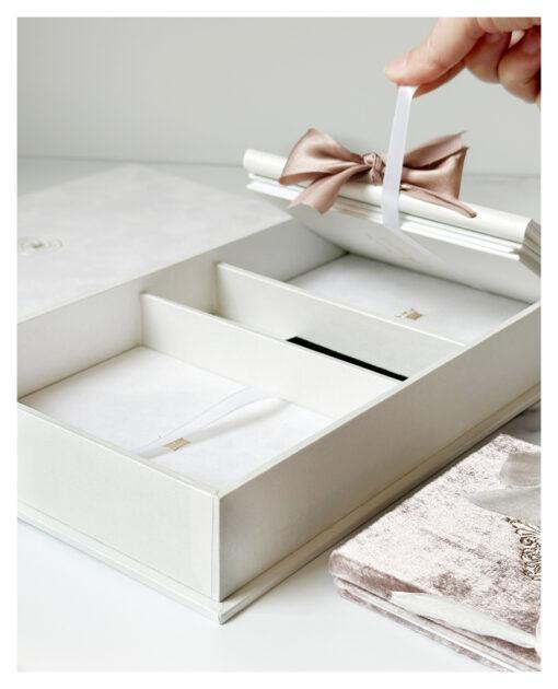Luxury box with a ribbon pull, Custom Three Compartment Heirloom Box, storage container