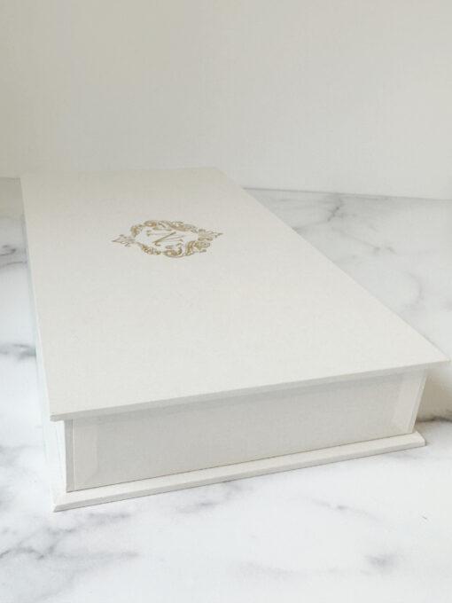 Luxury wedding box in pearl linen and a custom logo Custom Three Compartment Heirloom Box, heirloom wedding storage container